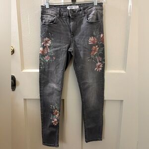 Zara Basic Z1975 Grey Denim Jeans with Painted Floral Detail